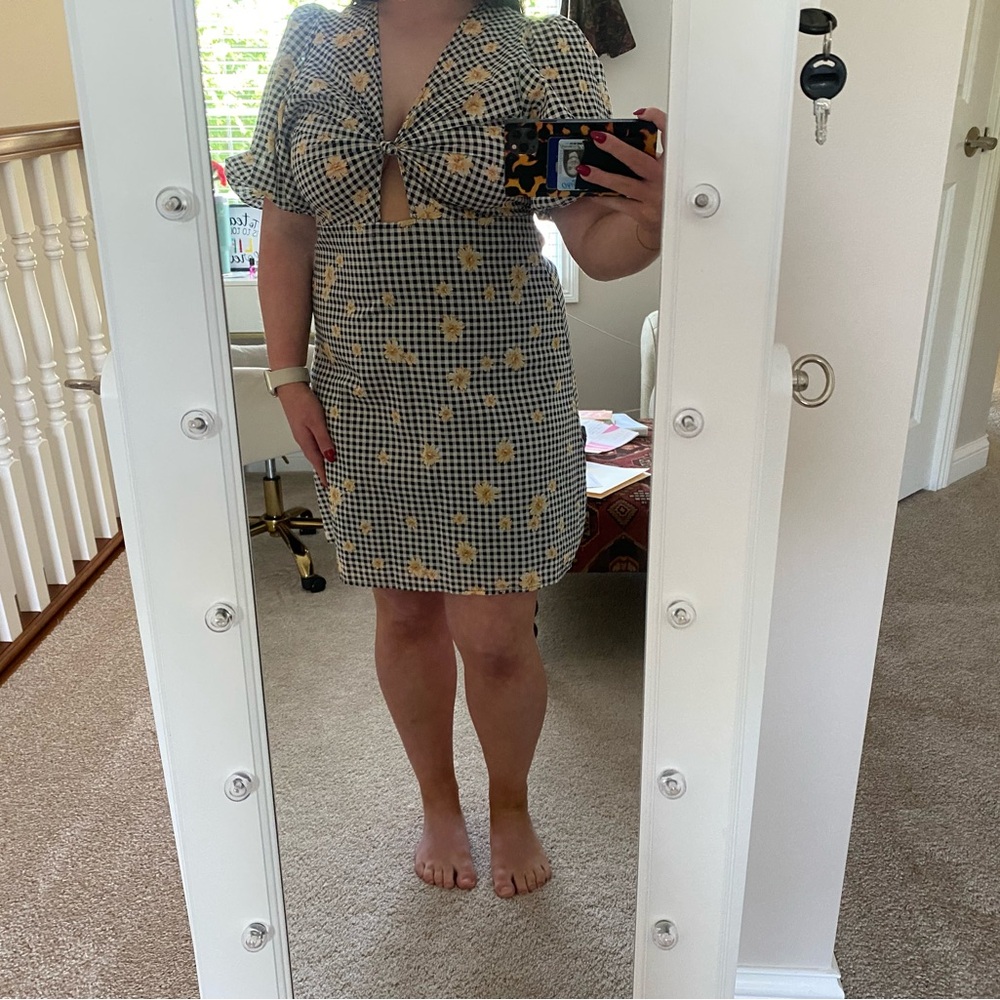 En Saison Black and White Gingham Mini Dress with Yellow Floral Accents